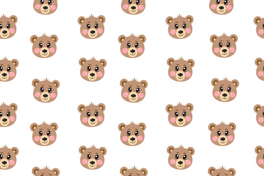 Seamless pattern with kawaii cute head bears, face of bear