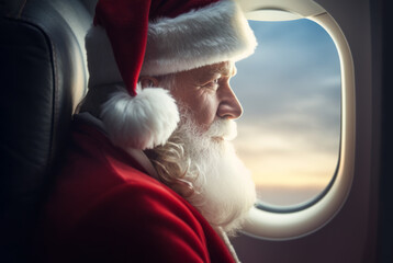 AI Generated Image of side view of serious Santa looking away and relaxing in the airplane while having journey trip