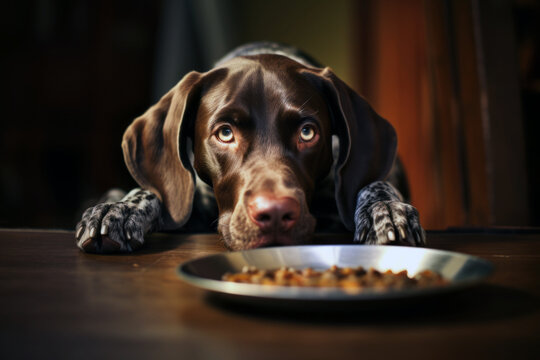 AI Generated Image of German short haired pointer sitting while looking to the food in a plate on a wooden table