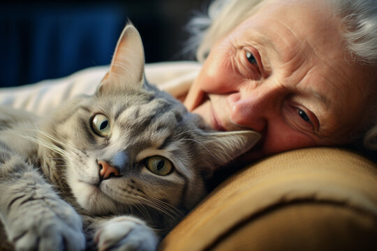 AI Generated Image of happy senior woman with gray hair relaxing on a sofa with her cat while looking at camera