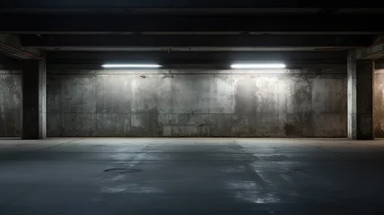Rolgordijnen Blank concrete wall mockup in underground parking, empty space to display advertising. Dark old grungy warehouse, vintage garage. Concept of banner, logo, brand, background © scaliger