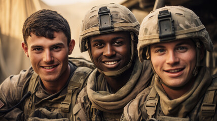 Fototapeta premium Smiling soldiers look at camera, portrait of happy men in modern uniform. Faces of group of military male close-up. Concept of war, US army, young people, team