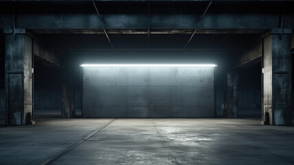 Blank wall mockup in underground parking or grungy street, empty space to display advertising. Dark old city place, vintage concrete warehouse. Concept of office, logo, brand, banner,
