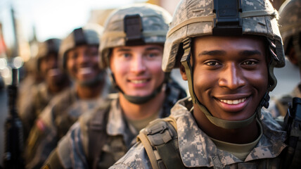 Smiling soldiers in ranks, faces of happy men in modern uniform. Portrait of group of military male close-up. Concept of war, US army, young people, team, camouflage