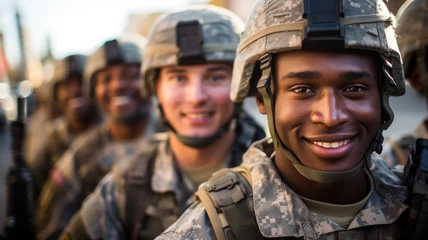 Fotobehang Smiling soldiers in ranks, faces of happy men in modern uniform. Portrait of group of military male close-up. Concept of war, US army, young people, team, camouflage © scaliger