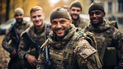 Happy soldiers with weapon pose for photo, smiling men in modern uniform. Portrait of group of military male close-up. Concept of war, US army, young people, team, camouflage