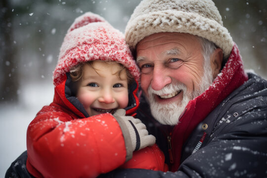 AI generative image of bearded grandpa holding his smiling little kid wearing warm clothes and enjoying snow and winter forest while looking at camera