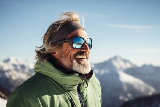 AI generative image of happy mature man in warm clothing and sunglasses looking away while enjoying a winter mountain ski resort