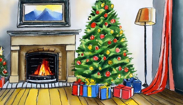 a fireplace with a christmas tree