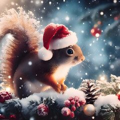 Santa's squirrel in the snow with cristmas tree