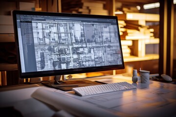 a computer screen displaying a digital construction blueprint in intricate detail. The digital...