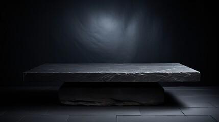 the sophistication of a black stone pedestal or platform placed against a dark, minimalistic...