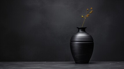 the sleek design of a black ceramic vase positioned on a table with a black marble background. The...