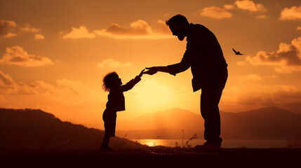 silhueta de adoravel foto amor de pai , feliz dia das pais em bela imagem no pôr do sol incrível  - obrazy, fototapety, plakaty