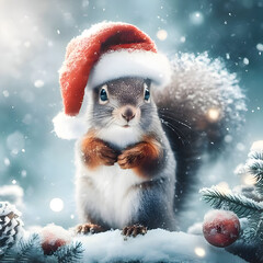 christmas card with Santa's squirrel in the snow