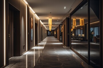 a contemporary hotel corridor with sleek, modern design elements, such as glass walls and minimalist decor, combined with soft, warm lighting for a luxurious and inviting feel.