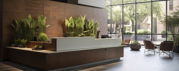 a boutique hotel's reception desk set against a backdrop of large windows that let in plenty of natural light. The blend of contemporary design and natural elements adds to the charm of the lobby. - obrazy, fototapety, plakaty