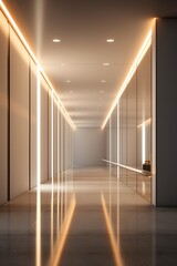 a corridor in a modern urban building, with a sleek and futuristic design. The corridor is bathed in soft, ambient lighting, creating a sense of serenity and sophistication. - obrazy, fototapety, plakaty