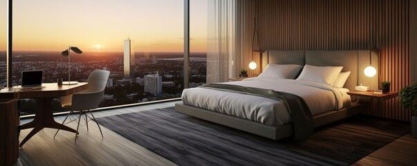 a modern and sleek hotel room with clean lines, minimalist design, and a view of the city skyline...