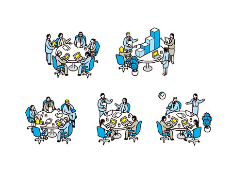 ビジネスパーソンがオフィスで会議するイメージイラスト素材セット