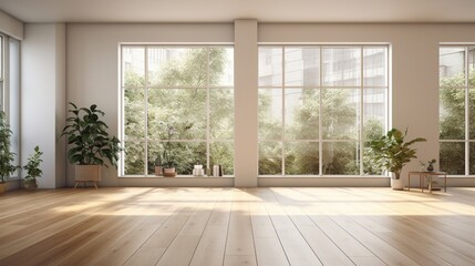 Fototapeta premium the spaciousness and sophistication of an empty room in a modern contemporary loft. The wooden floor, complemented by potted plants, creates a serene and inviting atmosphere.