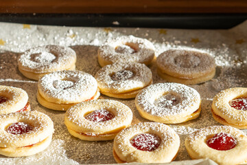 Home-baked cookies German-style Spitzbuben with marmalade