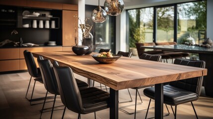 Fototapeta na wymiar a wooden dining table in a stylish kitchen setting, with the background elegantly blurred to accentuate the combination of contemporary design and culinary functionality.