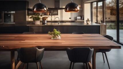 Fototapeta na wymiar a wooden dining table in a stylish kitchen setting, with the background elegantly blurred to accentuate the combination of contemporary design and culinary functionality.