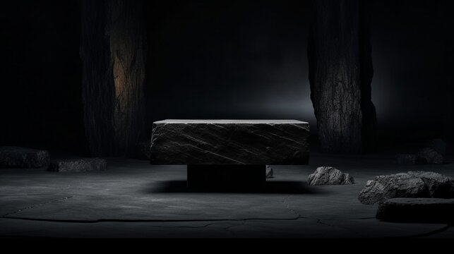 A high-quality image capturing the elegance of a black stone pedestal or platform set against a dark, dramatic backdrop. 