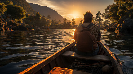 Rückansicht eines Mannes, der in einem Boot sitzt und in den Sonnenuntergang schaut.