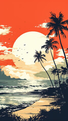 Tropical seaside landscape with views of the beach, sky, silhouettes of palm trees and a bright sunrise. Illustration. Poster art. Minimalism.