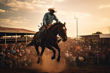Cowboy on bucking horse at rodeo - obrazy, fototapety, plakaty
