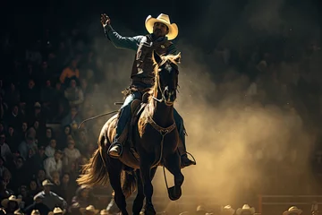 Fotobehang Cowboy on bucking horse at rodeo © Hamburn