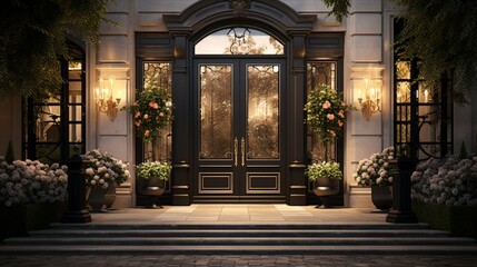 A high-quality image capturing the grandeur of a designer entrance door to a country house with modern design. - obrazy, fototapety, plakaty