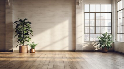 the aesthetic appeal of an empty room in a modern loft, featuring a wooden floor with strategically placed potted plants. The composition creates a visually striking and inviting atmosphere.