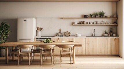 A high-quality image featuring an uncluttered wooden table in a well-organized kitchen, with a...