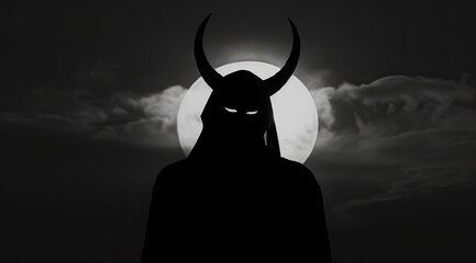 Horned devil figure silhouette standing standing moon white circle background, horror concept art wallpaper background  