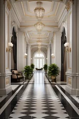 Papier Peint photo Lavable Cathedral Cove a long, spacious corridor in an upscale setting, featuring intricate architectural details, such as decorative molding and a polished marble floor. The corridor exudes a sense of timeless luxury.