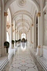  a long, spacious corridor in an upscale setting, featuring intricate architectural details, such as decorative molding and a polished marble floor. The corridor exudes a sense of timeless luxury. © ZUBI CREATIONS