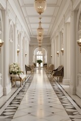  a long, spacious corridor in an upscale setting, featuring intricate architectural details, such as decorative molding and a polished marble floor. The corridor exudes a sense of timeless luxury.