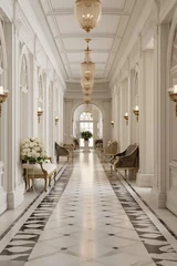 Fotobehang  a long, spacious corridor in an upscale setting, featuring intricate architectural details, such as decorative molding and a polished marble floor. The corridor exudes a sense of timeless luxury. © ZUBI CREATIONS