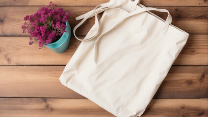 top view Canvas tote bag on wooden background. backdrop with copy space