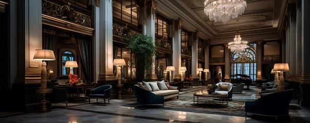 a lavish hotel lobby with no seating arrangements, emphasizing the grandeur of the space through...