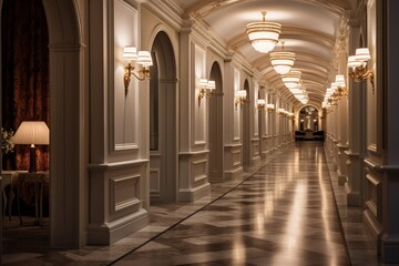  a well-lit hotel corridor with a luxurious ambiance, emphasizing the attention to detail in the...