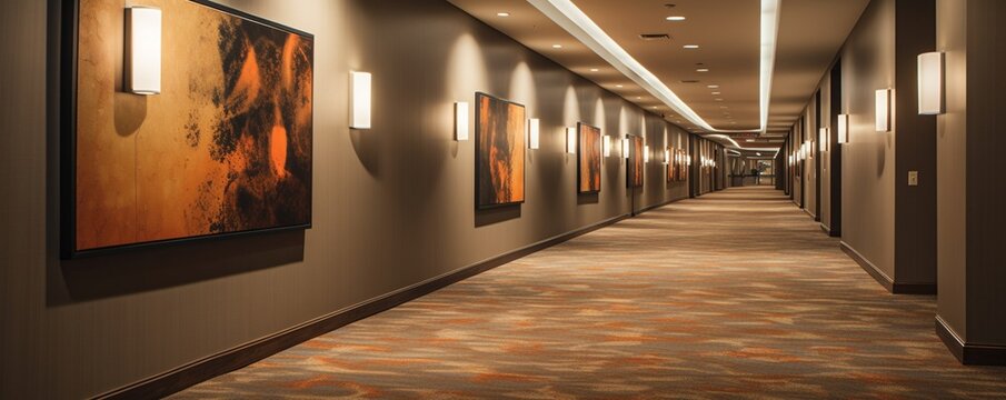 A high-quality image showcasing a well-lit hotel passageway with a luxurious ambiance. The soft carpeting, warm lighting, and modern artwork on the walls evoke a sense of comfort and sophistication.