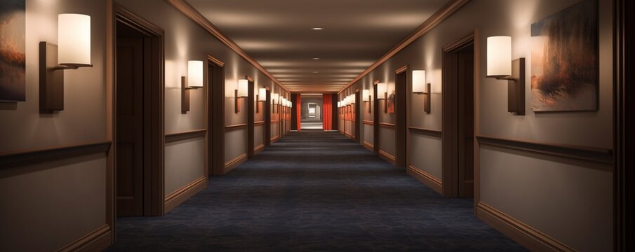 A high-quality image showcasing a well-lit hotel passageway with a luxurious ambiance. The soft carpeting, warm lighting, and modern artwork on the walls evoke a sense of comfort and sophistication.