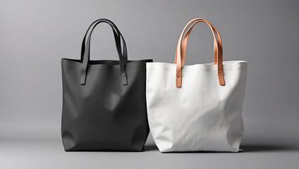 White and black tote bags mockup on a grey background. - obrazy, fototapety, plakaty