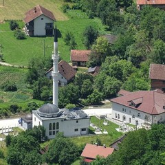 Aerial drone shot of a mosque in a rural area