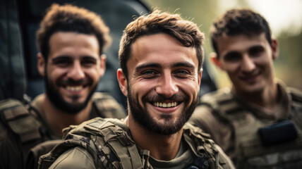 Smiling soldiers look at camera, happy faces of men in modern uniform in forest. Portrait of group of military male in Middle East. Concept of war, army, young people, Israel - obrazy, fototapety, plakaty