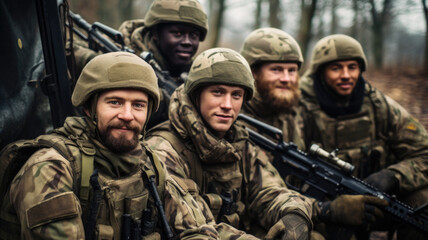 Smiling soldiers with weapon pose for photo, men in modern uniform and equipment in forest. Portrait of group of happy military male close-up. Concept of war, US army, young people - obrazy, fototapety, plakaty